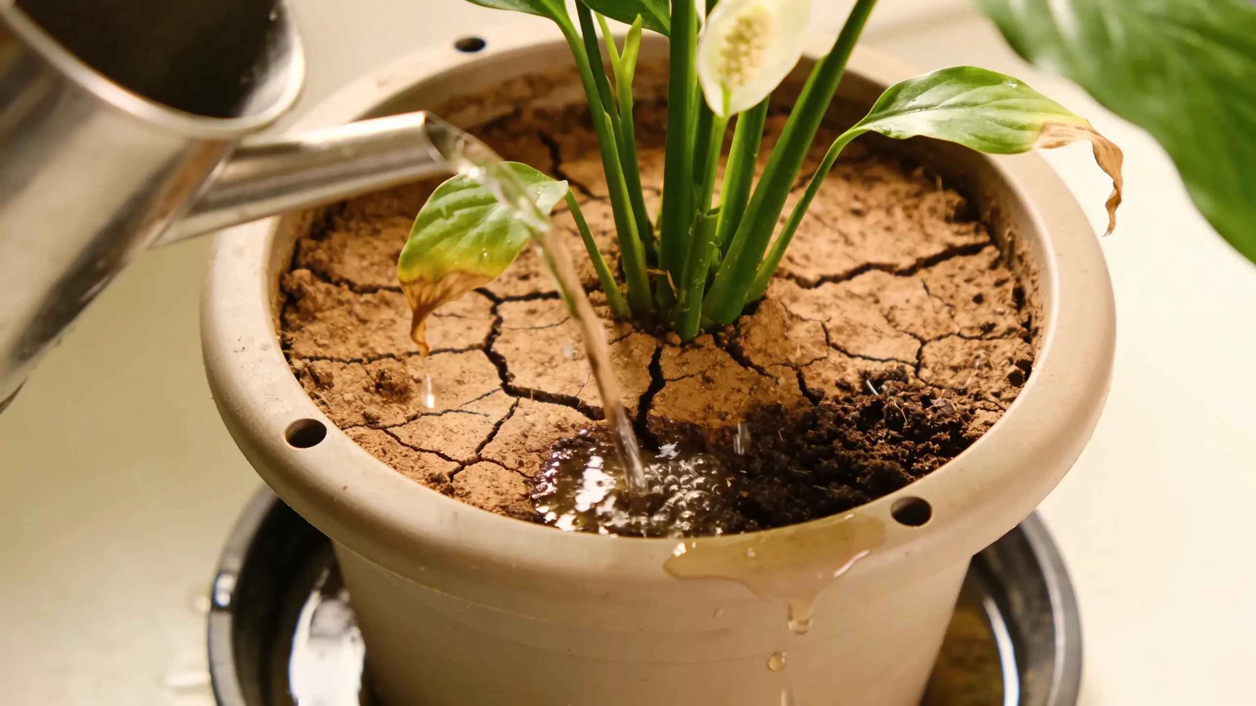Peace lily watering process with dry soil check and recovery after watering