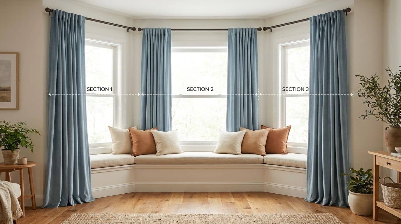 Bay window alcove with separate curtain panels on each flat section, outer panels stacked clear of the glass, and a built-in window seat below.