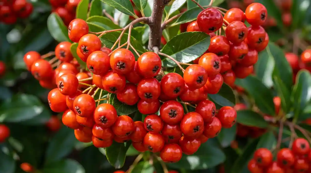 Close-up of pyracantha hedge berries with glossy green leaves and bright orange-red fruit clusters.