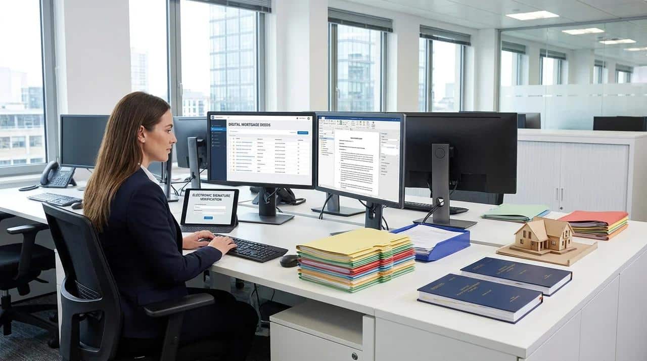 Conveyancer managing digital mortgage deeds with electronic records and secure online signing technology in a modern office.