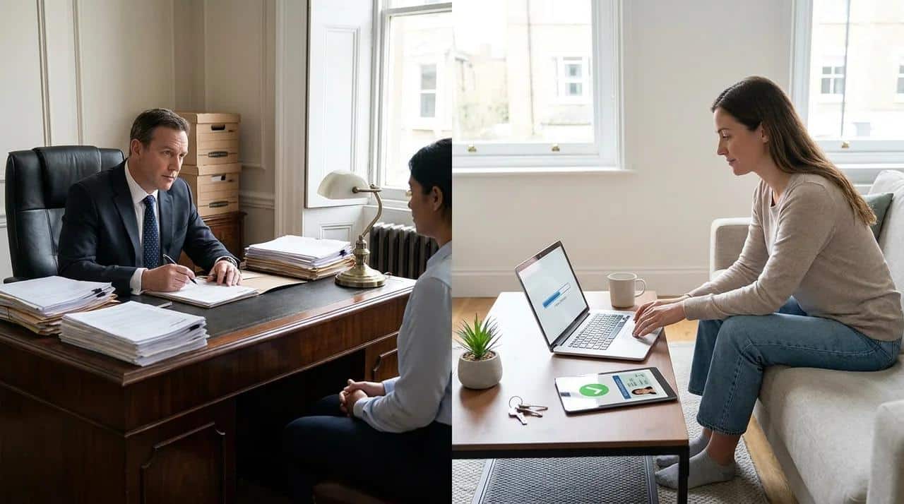 Homebuyer comparing traditional paper mortgage signing with a secure digital mortgage signature process online.