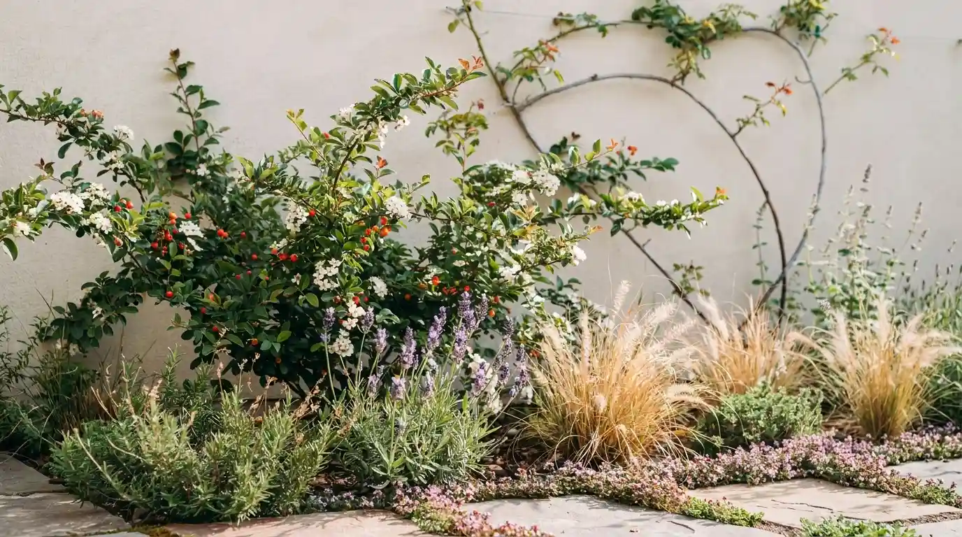 Pyracantha bush growing with lavender and ornamental grasses in a sunny garden border with natural landscaping.