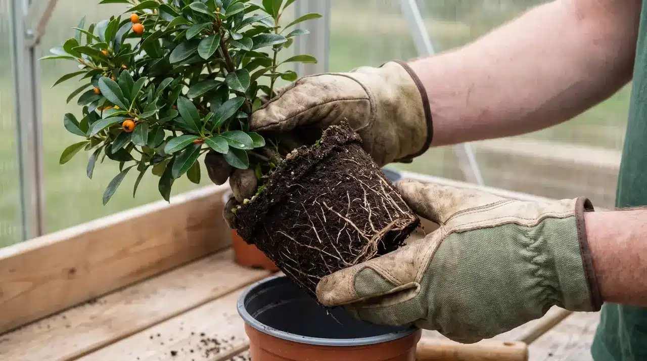 Gloved hands inspecting a pyracantha hedge plant root ball showing healthy white root tips and clean spot-free dark green leaves.