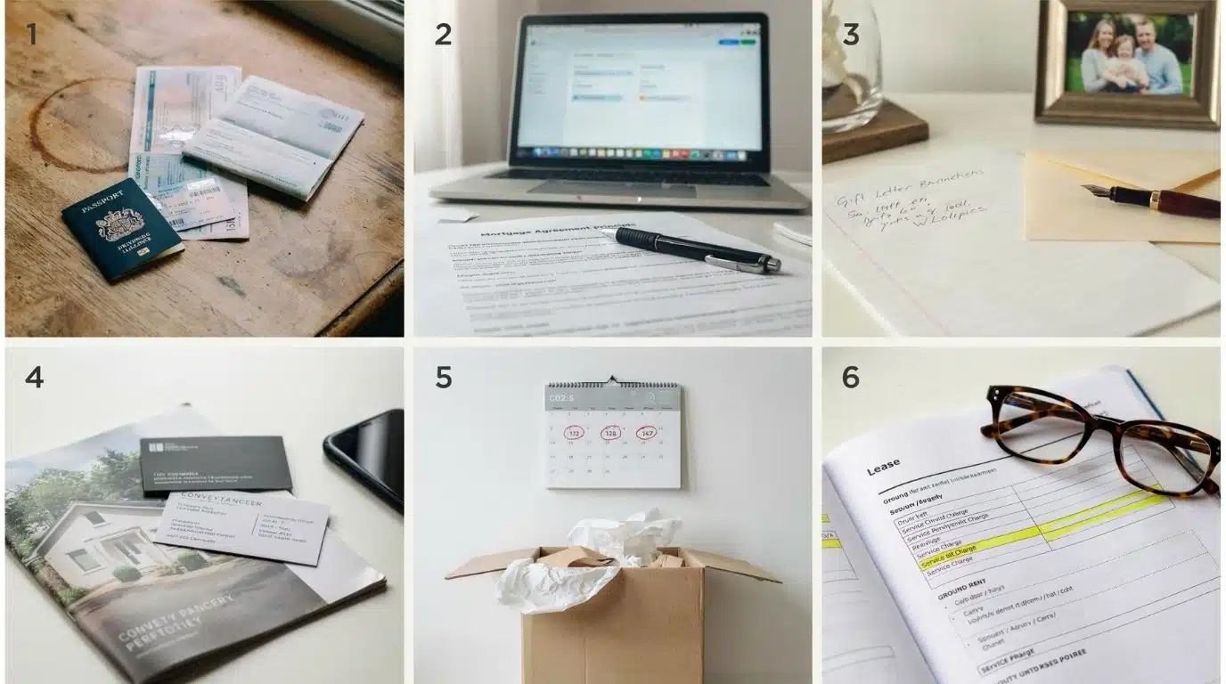 Six-step collage of documents needed before starting a property purchase: ID, mortgage agreement, gift letter, conveyancer details, moving timeline, and lease details.