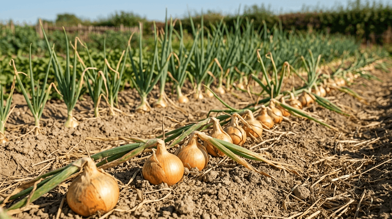 Rows of onions at different maturity stages showing the ideal harvest timing in a vegetable garden.