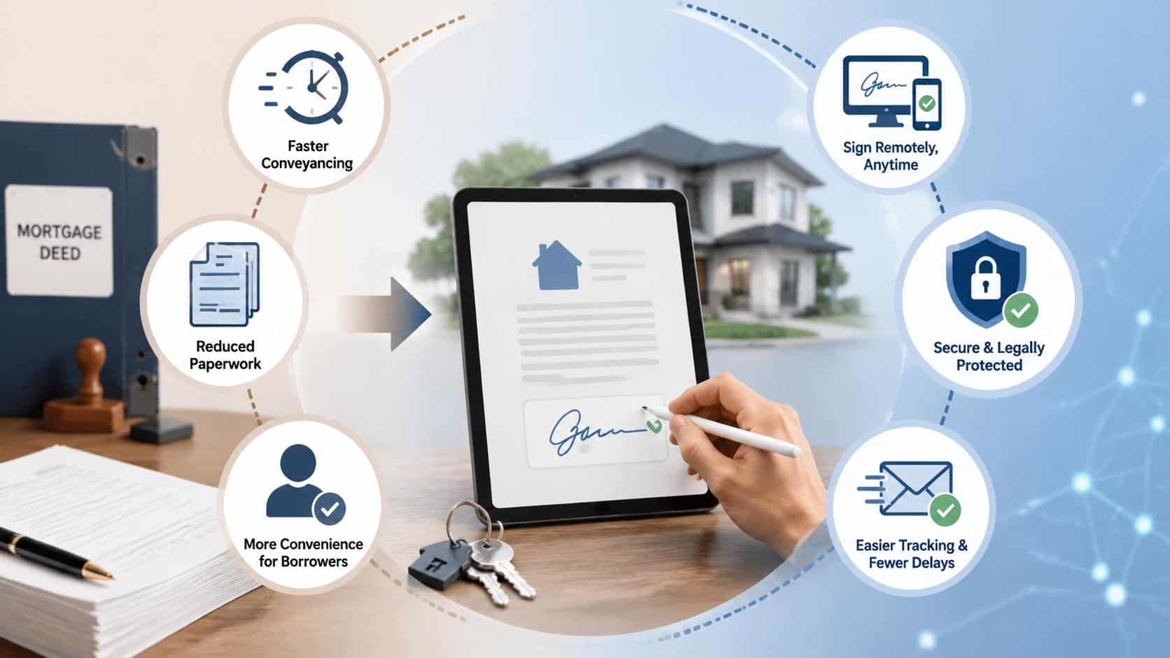 Digital mortgage deed signing process showing online signatures, reduced paperwork, faster conveyancing, and secure QES verification.