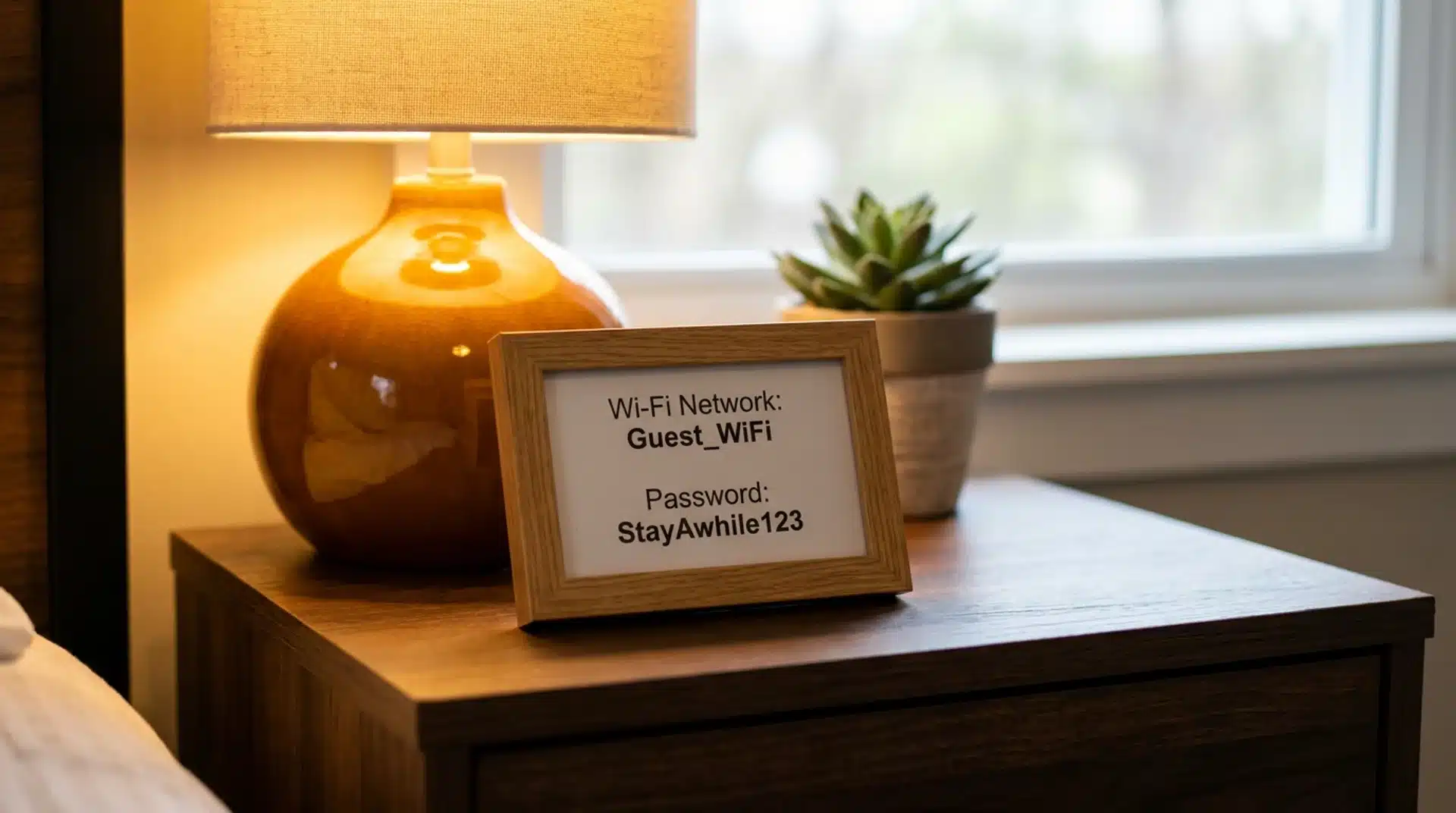 Framed Wi-Fi password card on a guest bedroom nightstand with an amber lamp and small plant nearby.