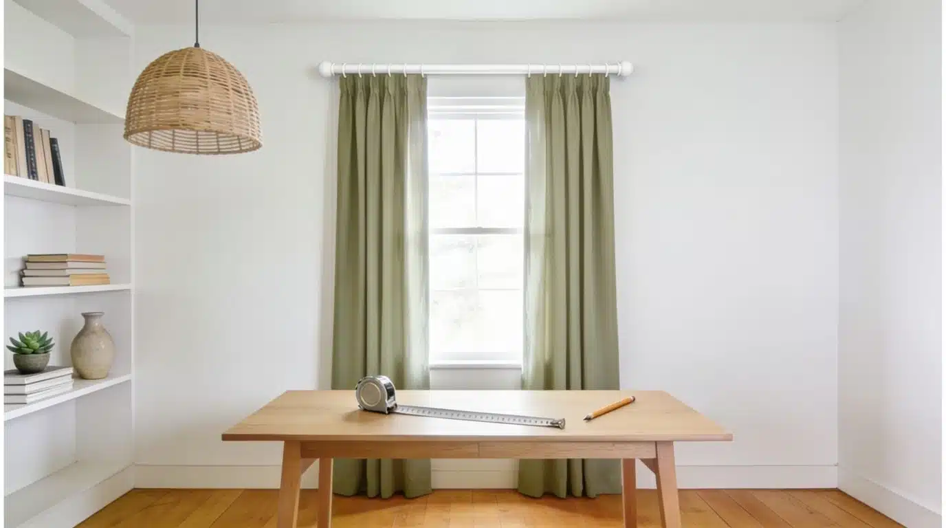 A home study with sage floor-length curtains and five curtain measurements displayed as wall text, with a tape measure and pencil on the desk below.